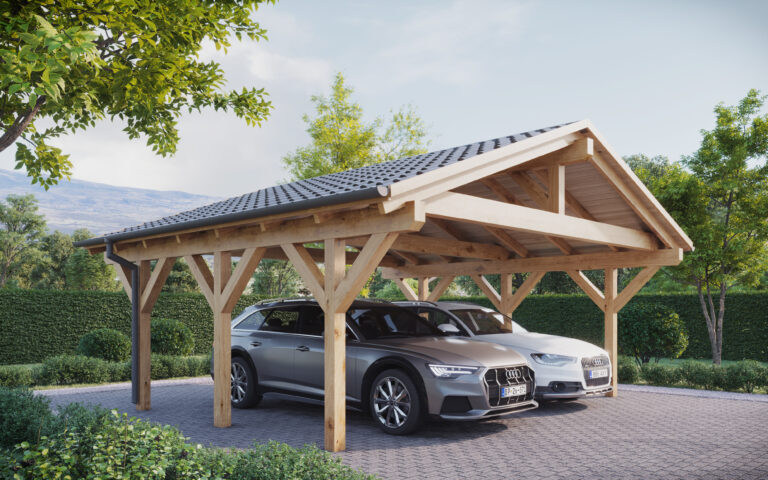 Double Wooden Carport with Gable Roof - High-Quality Wooden Carports