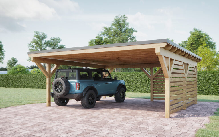 Double Wooden Carport with Flat Roof and Wall Panels - High-Quality Wooden Carports