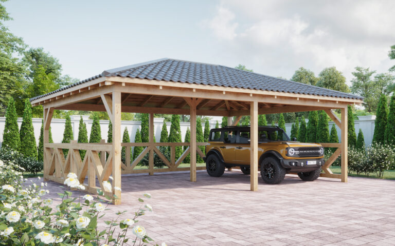 Double Wooden Carport with Hip Roof - High-Quality Wooden Carports