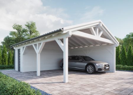 Double Wooden Carport with Gable Roof and Storage Room - High-Quality Wooden Carports