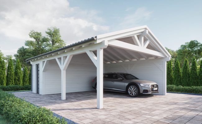 Double Wooden Carport with Gable Roof and Storage Room - High-Quality Wooden Carports