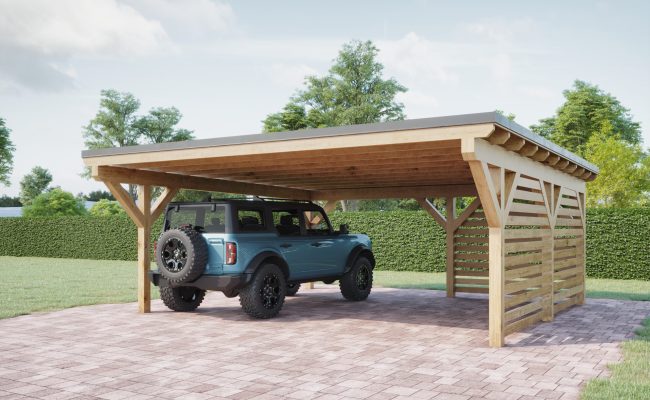 Double Wooden Carport with Flat Roof and Wall Panels - High-Quality Wooden Carports