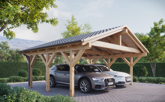 Double Wooden Carport with Gable Roof - High-Quality Wooden Carports