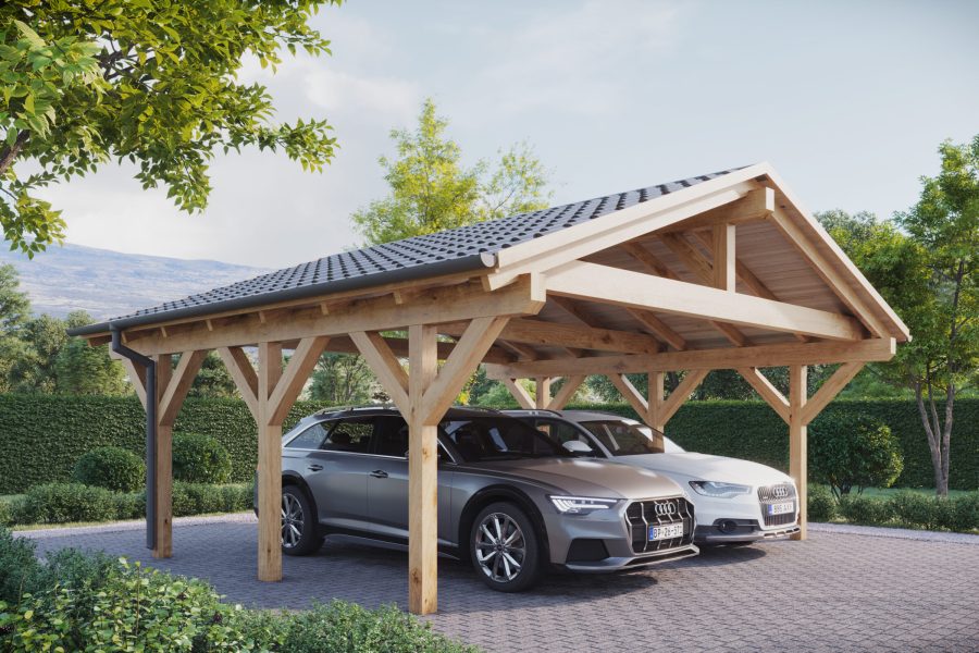 Double Wooden Carport with Gable Roof - High-Quality Wooden Carports