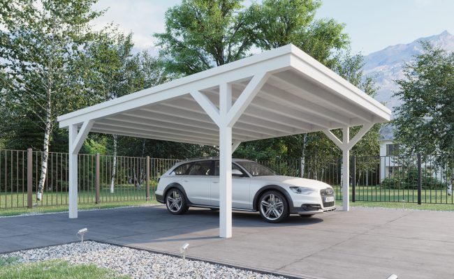 Double Wooden Carport with Flat Roof - High-Quality Wooden Carports